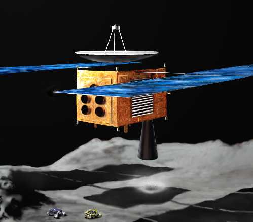 ISAS art concept of Japan's MUSES-C probe over an asteroid