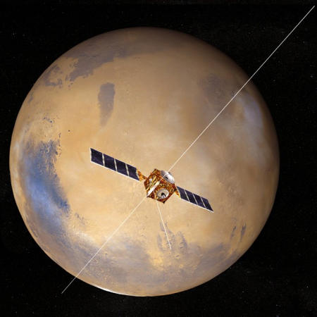 European Space Agency artist's conception of Mars Express above the Red Planet
