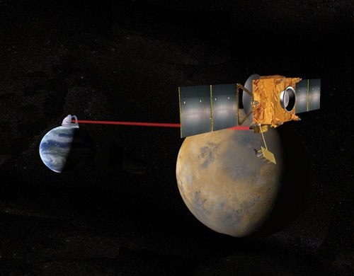 A NASA JPL artist imagines a laser beam from the Mars Telecommunications Orbiter carrying science data from the Red Planet as an extension of the interplanetary Internet.