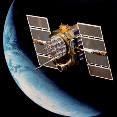 USAF Research Laboratory artist conception of GPS navigation satellite in orbit above Earth