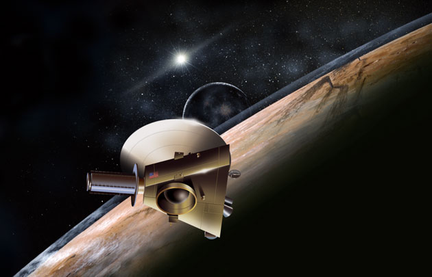 Artist conception of New Horizons spacecraft at the Solar System's ninth planet Pluto and its moon Charon (JHUAPL/SwRI)