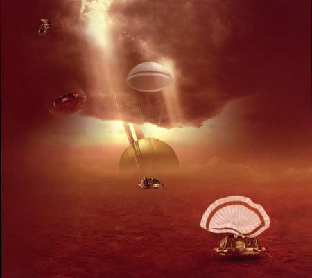 ESA artist's view of Europe's Huygens lander dropping from Cassini to the surface of Titan