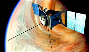 ESA artist impression of Europe's Venus Express interplanetary probe orbiting the planet Venus